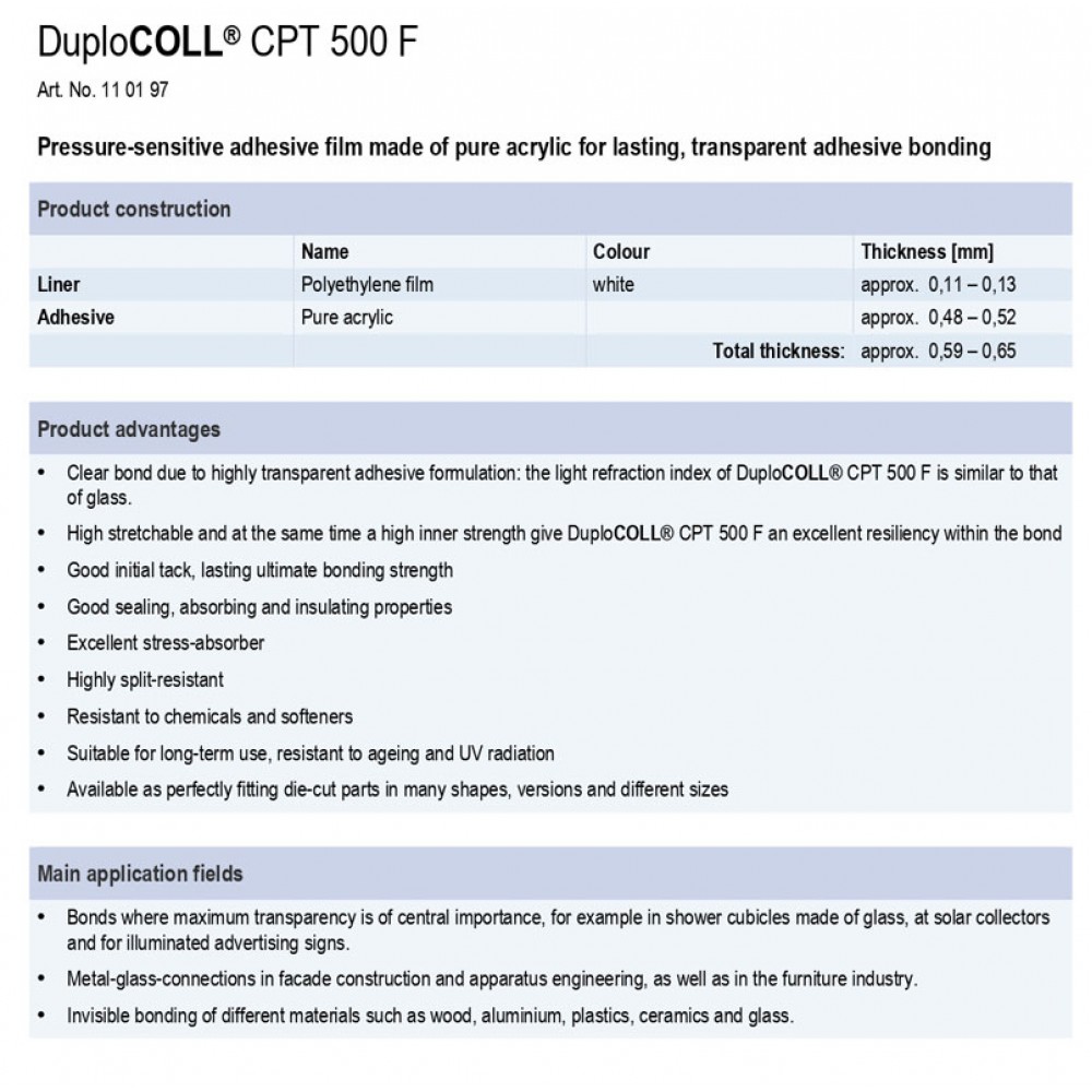DUPLOCOLL CPT 500F ΔΙΑΦΑΝΗ Ακρυλική Μάζα Κόλλας με Λευκό Liner 9mm x 6m - Lohmann