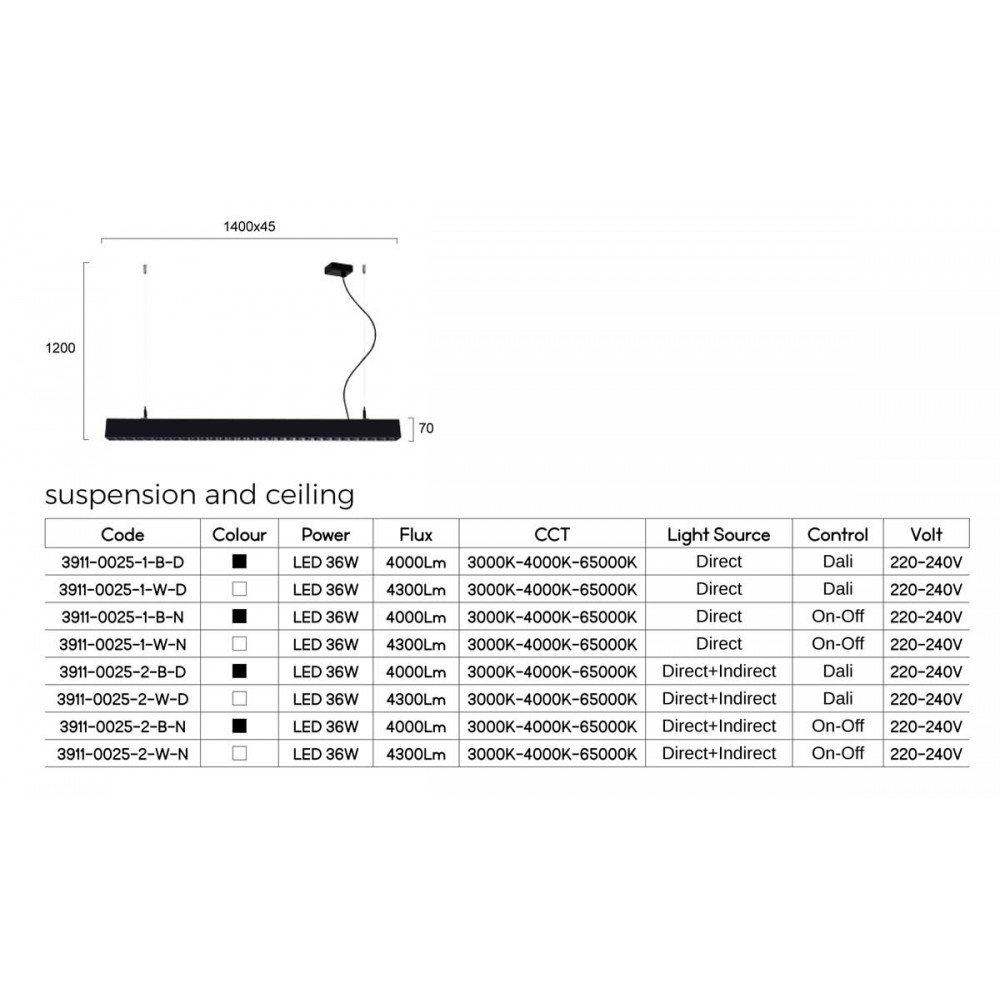 LED Κρεμαστό Γραμμικό Φωτιστικό Σε Μαύρο Χρώμα 36W 1410mm Με Διακόπτη Επιλογής Απόχρωσης Λευκού - TOPLINE VIOKEF