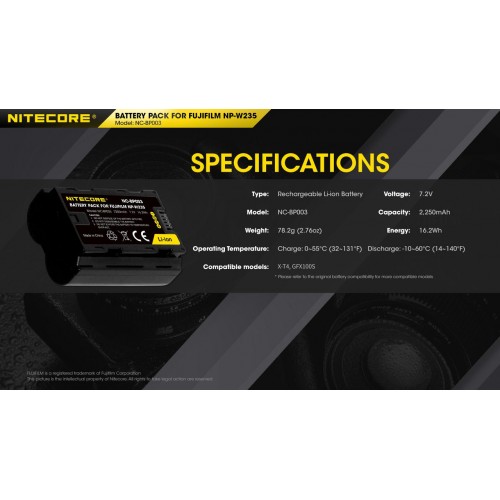 ΜΠΑΤΑΡΙΑ NITECORE for Fujifilm NP-W235, 7.2V , 2250mAh, 16.2Wh