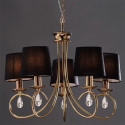Μεταλλικό Φωτιστικό Πολυέλαιος Χρυσοχάλκινο Με Μαύρα Σαγρέ Υφασμάτινα Καπέλα Και Κρύσταλλα 5xE14 
