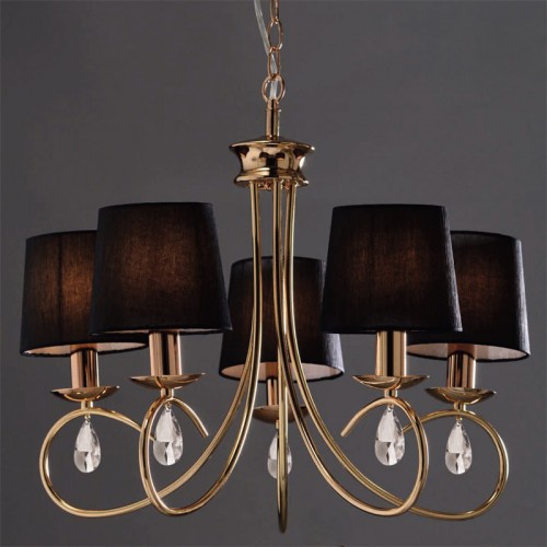 Μεταλλικό Φωτιστικό Πολυέλαιος Χρυσοχάλκινο Με Μαύρα Σαγρέ Υφασμάτινα Καπέλα Και Κρύσταλλα 5xE14 