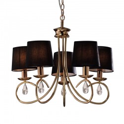 Μεταλλικό Φωτιστικό Πολυέλαιος Χρυσοχάλκινο Με Μαύρα Σαγρέ Υφασμάτινα Καπέλα Και Κρύσταλλα 5xE14 