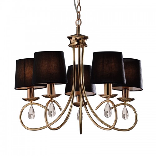 Μεταλλικό Φωτιστικό Πολυέλαιος Χρυσοχάλκινο Με Μαύρα Σαγρέ Υφασμάτινα Καπέλα Και Κρύσταλλα 5xE14 