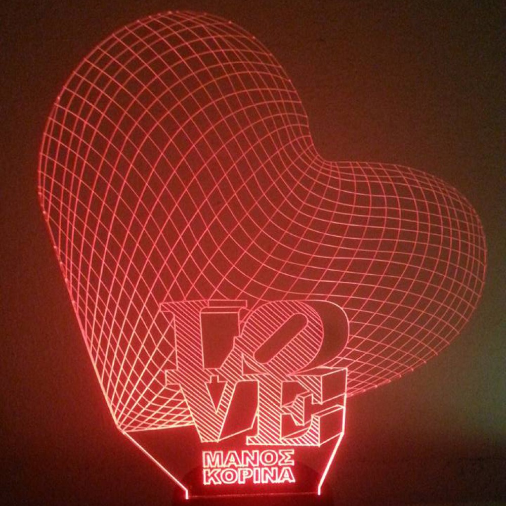 LED Φωτιστικό Χαραγμένο Plexiglass Με Σχέδιο 3D Καρδιές Με Διακόπτη ON/OFF AlphaLed