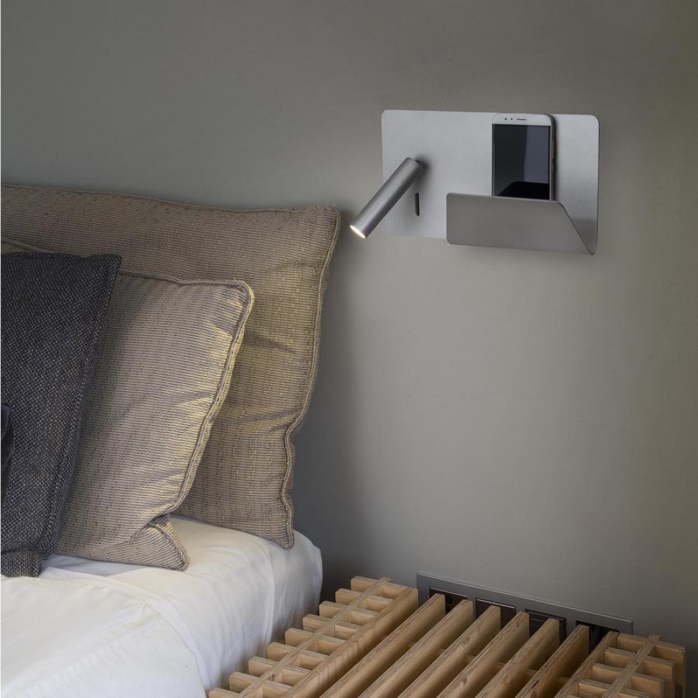 LED Μεταλλική Γκρι Απλίκα 3W Με Ράφι Και USB Φορτιστή (Δεξιάς Πλευράς) SUAU FARO