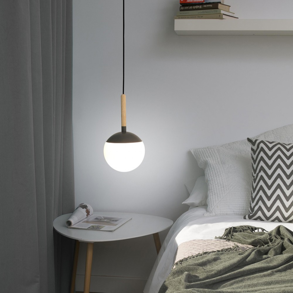 Μεταλλικό Κρεμαστό Φωτιστικό Με Opal Διαχύτη Και Ξύλινες Λεπτομέρειες Σε Δύο Χρώματα 1xE27 MINE FARO