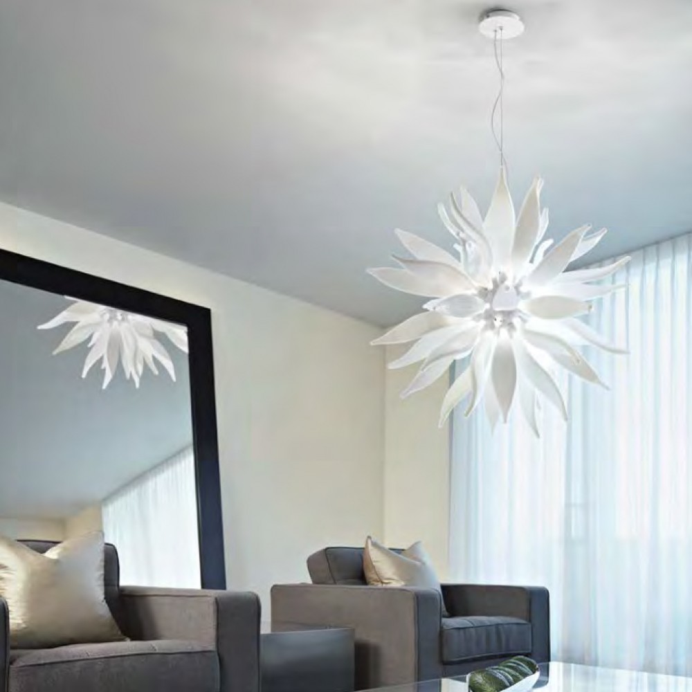 Μεταλλικό Πολύφωτο Κρεμαστό Φωτιστικό Με Διακοσμημένο Γυαλί Σε Φιμέ Χρώμα 8XG9 LEAVES IDEAL LUX 