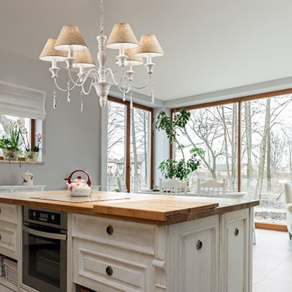 Ξύλινο Φωτιστικό Πολυέλαιος Με Μεταλλικούς Βραχίονες 6xE14 Και Υφασμάτινο Καπέλο PROVENCE IDEAL LUX