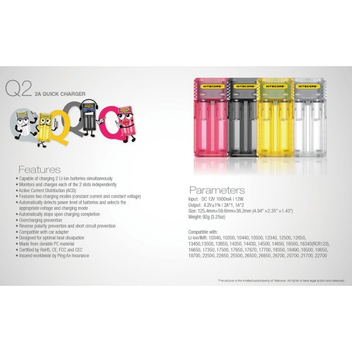 Φορτιστής NITECORE Q2 Quick charger 2A Σε Διάφορα Χρώματα
