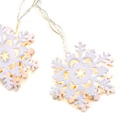 10 Θερμά Λευκά LED Μπαταρίας Με Μεταλλικές Χιονονιφάδες - IP20 135+30cm Διάφανο Καλώδιο 2xAA - ACA