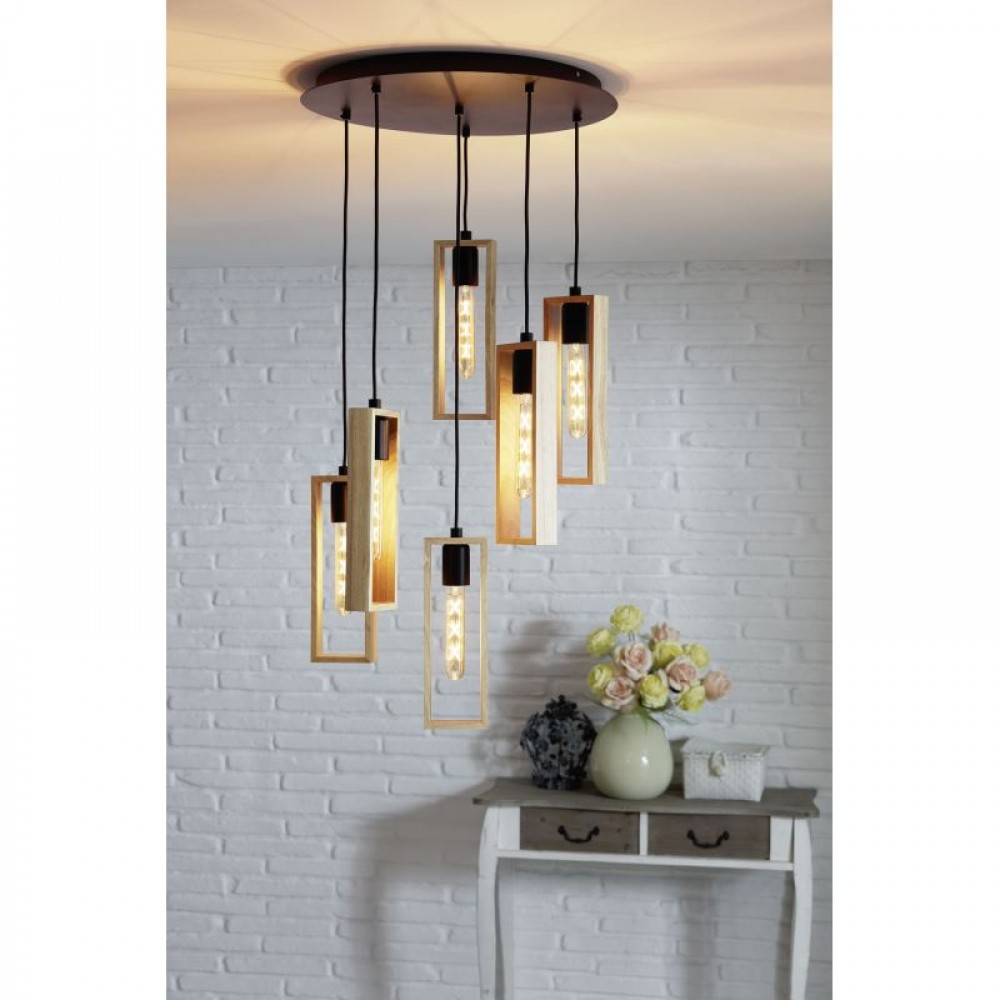 Vintage Κρεμαστό Πολύφωτο Φωτιστικό Σε Ξύλινο Και Μαύρο Χρώμα 6x 60W E27 LITTLETON Eglo