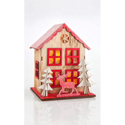 Ξύλινο Φωτιζόμενο Διακοσμητικό Σπίτι Κόκκινο Με LED Θέρμο Λευκό 16x14x18 cm Magic Christmas