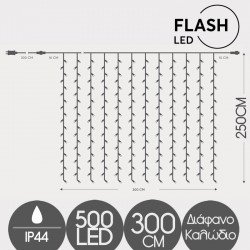 500 LED FLASH Κουρτίνα Με Επέκταση Με Διάφανο Καλώδιο Σε Θερμό Λευκό - 2600Κ IP44 Magic Christmas