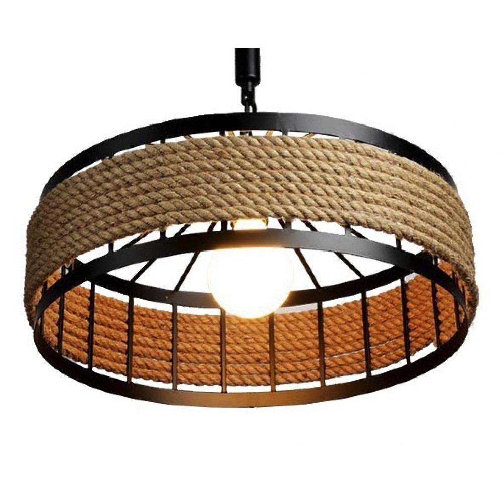 Vintage Κρεμαστό Φωτιστικό Οροφής Μονόφωτο Μαύρο Μεταλλικό με Μπεζ Σχοινί Φ30 GloboStar POLI