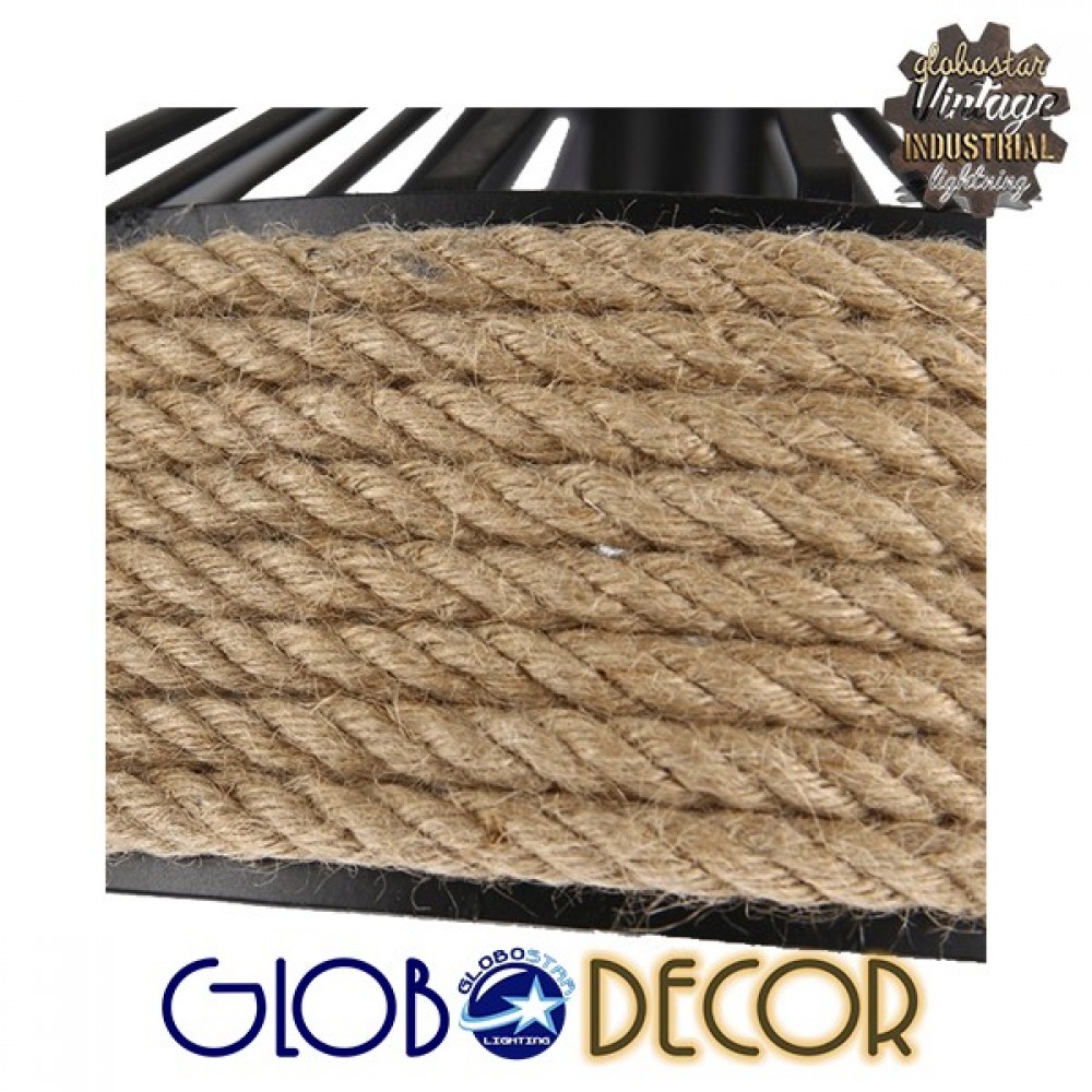 Vintage Κρεμαστό Φωτιστικό Οροφής Μονόφωτο Μαύρο Μεταλλικό με Μπεζ Σχοινί Φ30 GloboStar POLI
