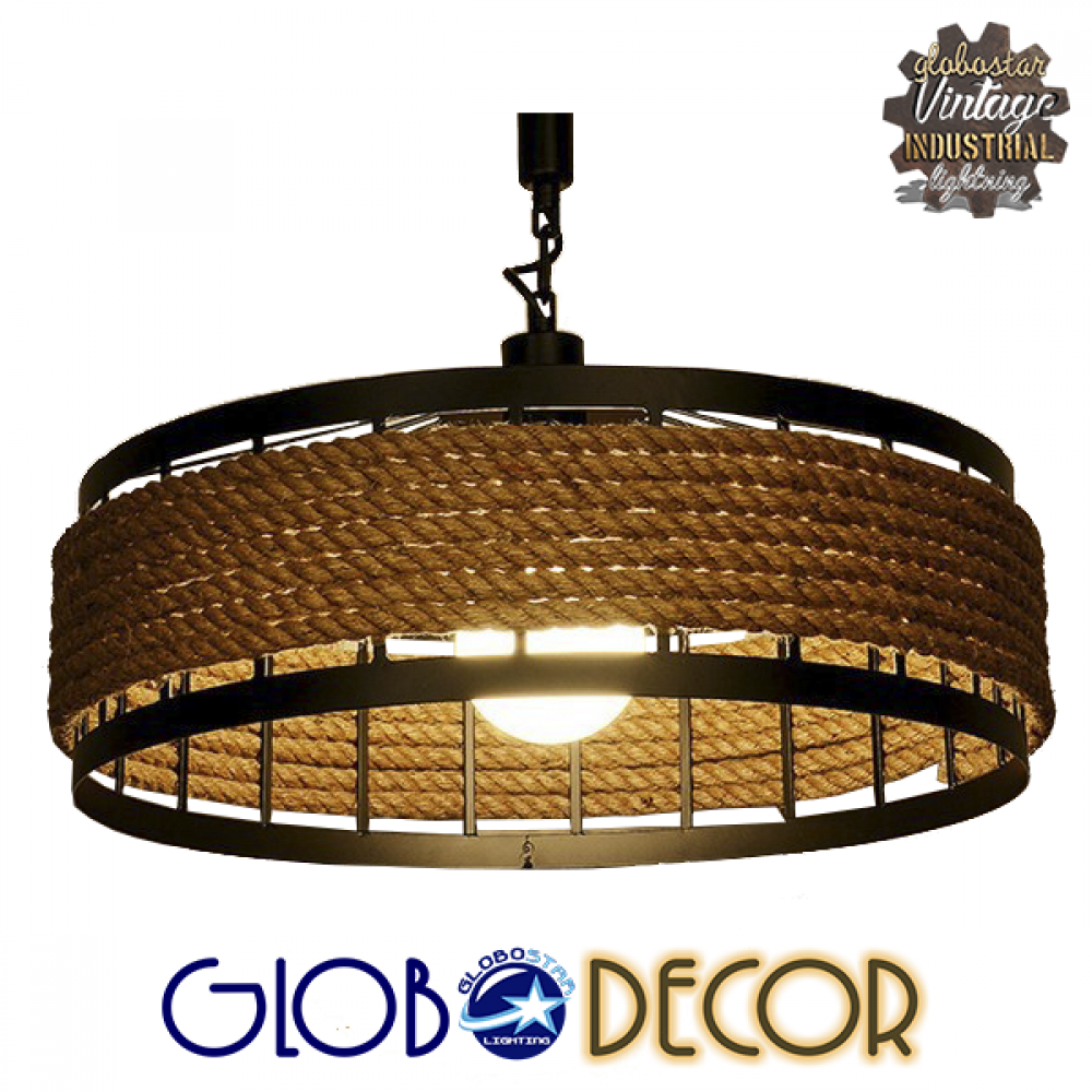 Vintage Κρεμαστό Φωτιστικό Οροφής Μονόφωτο Μαύρο Μεταλλικό με Μπεζ Σχοινί Φ30 GloboStar POLI