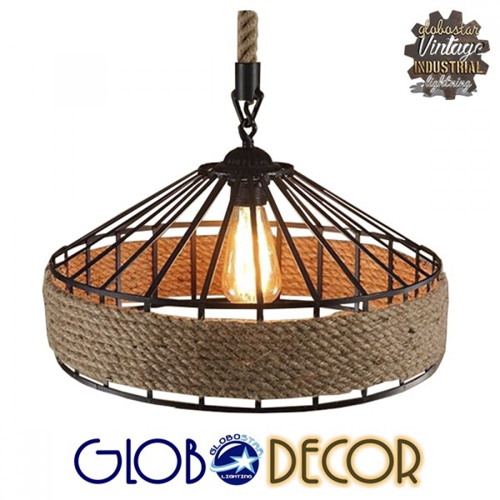 Vintage Κρεμαστό Φωτιστικό Οροφής Μονόφωτο Μαύρο Μεταλλικό με Μπεζ Σχοινί Φ30 GloboStar POLI