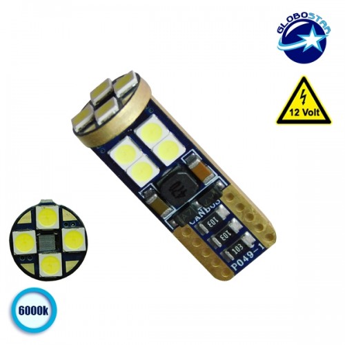 Λαμπτήρας LED T10 12v Can Bus με 12 SMD 3030 Ψυχρό Λευκό 6000K GloboStar
