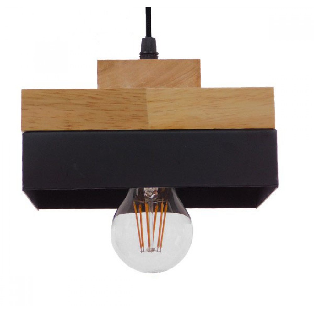 Μοντέρνο Κρεμαστό Φωτιστικό Οροφής Μονόφωτο Μαύρο Μεταλλικό με Φυσικό Ξύλο Καμπάνα Φ18 GloboStar LAOTH