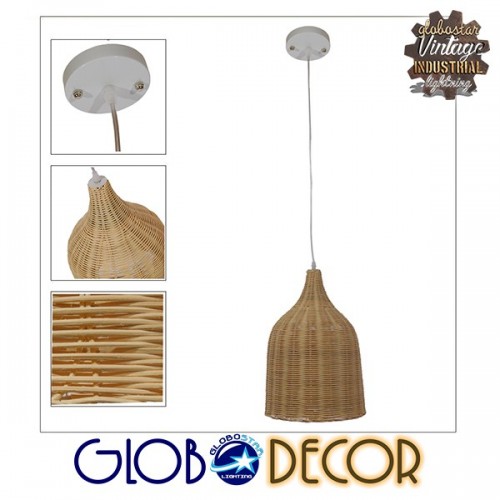Vintage Κρεμαστό Φωτιστικό Οροφής Μονόφωτο Μπεζ Ξύλινο Rattan Φ30 GloboStar NATH