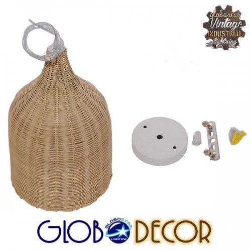 Vintage Κρεμαστό Φωτιστικό Οροφής Μονόφωτο Μπεζ Ξύλινο Rattan Φ30 GloboStar NATH