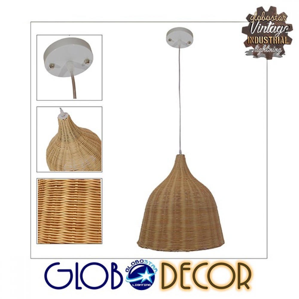 Vintage Κρεμαστό Φωτιστικό Οροφής Μονόφωτο Μπεζ Ξύλινο Rattan Φ45 GloboStar NATH