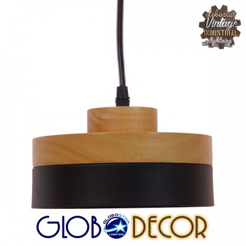 Μοντέρνο Κρεμαστό Φωτιστικό Οροφής Μονόφωτο Μαύρο Μεταλλικό με Φυσικό Ξύλο Καμπάνα Φ18 GloboStar RUHIEL