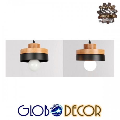 Μοντέρνο Κρεμαστό Φωτιστικό Οροφής Μονόφωτο Μαύρο Μεταλλικό με Φυσικό Ξύλο Καμπάνα Φ18 GloboStar RUHIEL