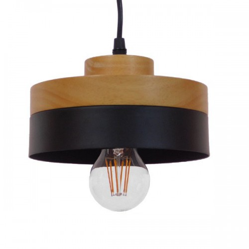 Μοντέρνο Κρεμαστό Φωτιστικό Οροφής Μονόφωτο Μαύρο Μεταλλικό με Φυσικό Ξύλο Καμπάνα Φ18 GloboStar RUHIEL