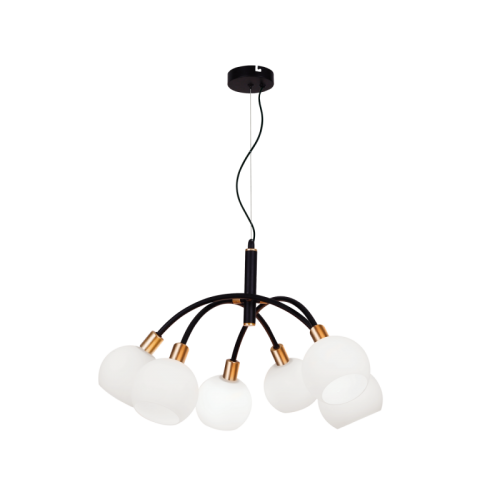 Κρεμαστό 6/Φωτο Φωτιστικό με Μαύρη Ανάρτηση με Χρυσές Λεπτομέρειες και Γυαλί Οπάλ Ματ 6xE14 Eliza VIOKEF 