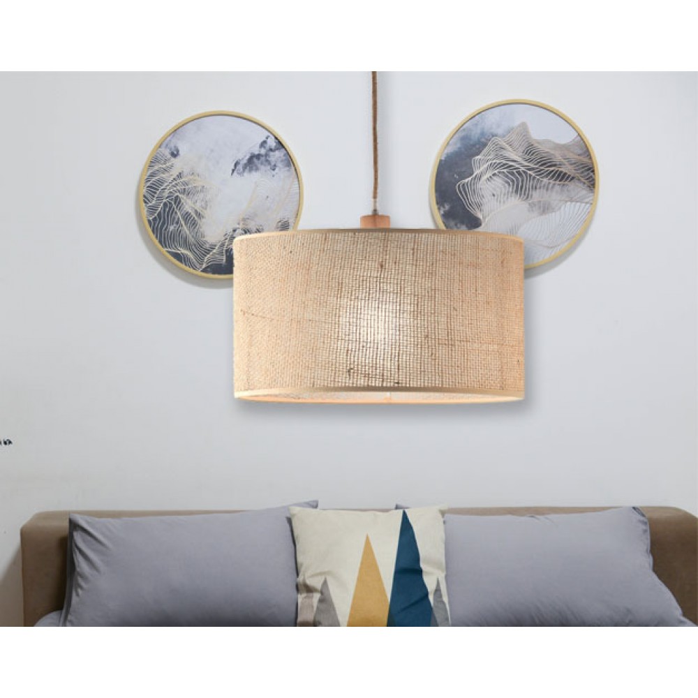 Μονόφωτο Κρεμαστό Φωτιστικό με Καπέλο Από Λινάτσα και Ξύλινη Ανάρτηση 1xE27 D400 Senso VIOKEF