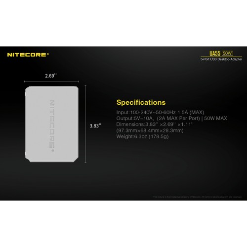 Τροφοδοτικό USB, NITECORE UA55 Desktop Adaptor, 10A/50w High