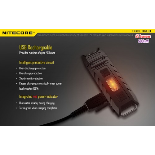 Φακός LED NITECORE THUMB LEO ,Rechargable, 45lumens+500mW UV