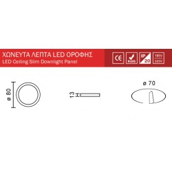 Στρογγυλό LED Panel Slim Downlight 3W SMD Λευκό Σώμα SpotLight