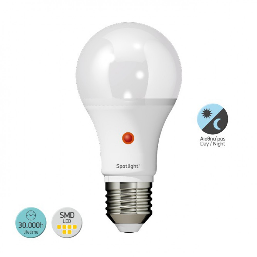 LED SMD Λάμπα E27 A60 10W Με Αισθητήρα Ημέρας-Νύχτας Από Πλαστικό 300° 230V Spotlight