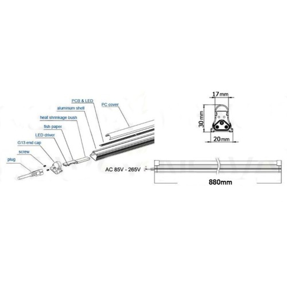 LED T5  Έτοιμο Φωτιστικό Ρεύματος 13W 90cm 220V Spotlight